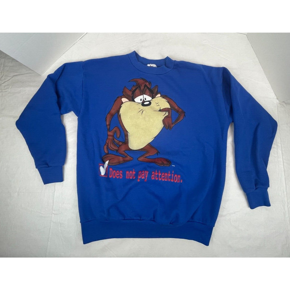Vtg Taz Sweatshirt Small Does Not Pay Attention 90s Looney Tunes Crewneck 1997 - Picture 1 of 8